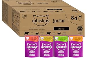 WHISKAS JUNIOR Repas Pour Chaton, Sachet Chat, Lot de 84 Sachets fraîcheur de 85 g, 4 Variétés en Sauce, Nourriture Humide Chaton Complète et Équilibrée