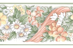 Dundee Deco BD6205 Tapeten Bordüre, vorgekleistert, Blumenmotiv, Grün, Weiß, Pink Tapetenbordüre