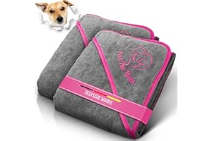 FeelTheWau Hundehandtuch kleine Hunde - 2er Set - Hundehandtuch Extra saugfähig - Hunde Handtuch mit Taschen - Beliebtes Geschenk Hundebesitzer - Design grau pink - 90x50 cm
