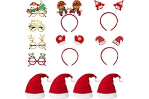 OPUHOHR 12PCS Christmas Headbands and Glasses Frames Christmas Hat Set, Christmas Xmas Party Supplies Decoration, Christmas Photo Booth Props, Christmas Party Gifts for Holiday Favors