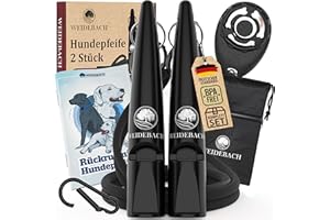 WEIDEBACH® 2x verbesserte Hundepfeife 2.0 mit stabilerem & lauterem Ton, inkl. Clicker, Leckerlibeutel und E-Book für Training mit Hund, genormt, Qualitätsband & -Mundstück, gelungenes Rückruftraining