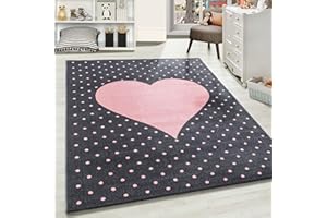 ‎CARPETSALE24 Carpetsale24 Kinderteppich liebevolles Herzmuster Pink und Grau 160 x 230 cm - Kurzflor Teppich Kinderzimmer für Jungen und Mädchen Pflegeleicht Weich - Waschbar Spielteppich Babyzimmer Babyteppich
