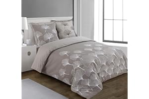 VISION - Parure copripiumino reversibile – Ginko Beige – copripiumino 260 x 240 cm con 2 federe assortite 65 x 65 cm – 100% cotone