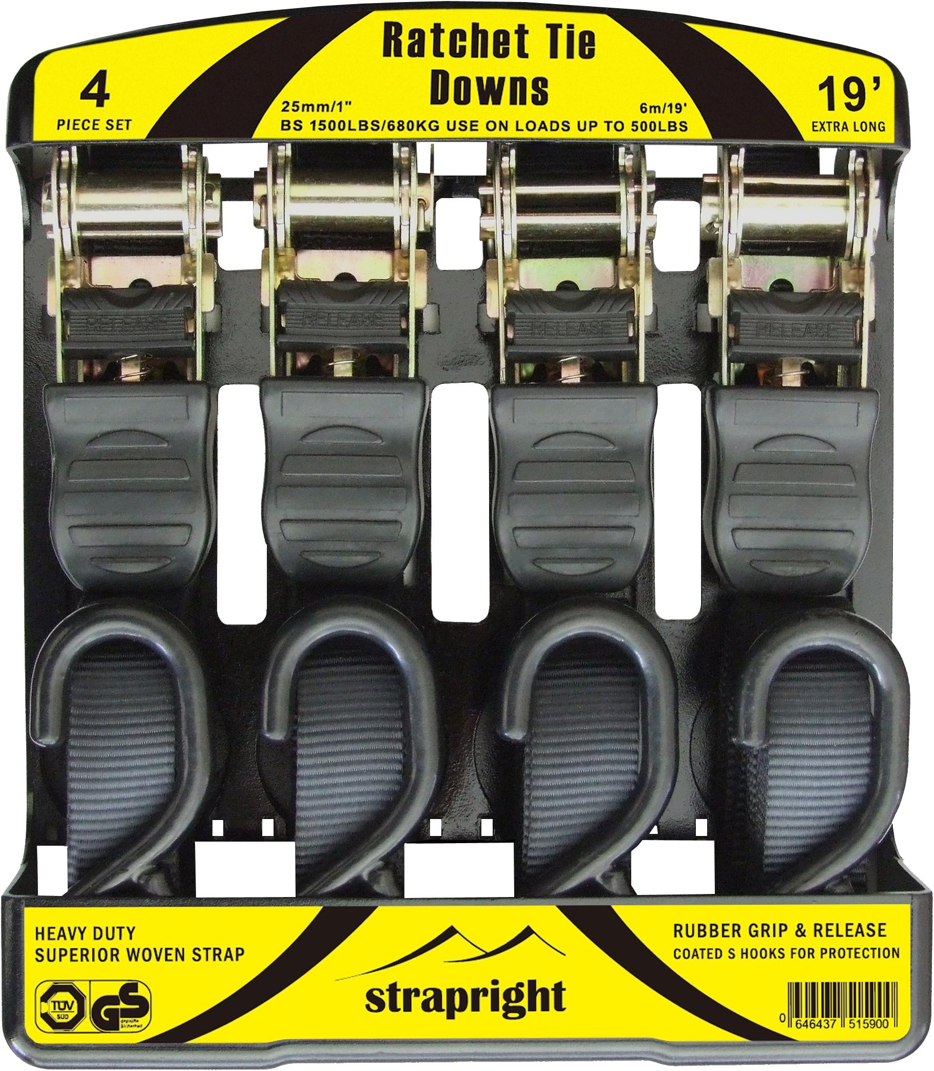 Ratchet Tie Down Straps 4 Pack at 19ft, Extra Long Black Webbing. Heavy Duty with Rubber Handle Which Won't Come Off. Comes with BONUS Storage Bag & Instructional Booklet