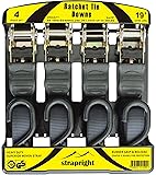 Ratchet Tie Down Straps 4 Pack at 19ft, Extra Long Black Webbing. Heavy Duty with Rubber Handle Which Won't Come Off. Comes with BONUS Storage Bag & Instructional Booklet