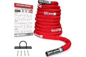 Next Alpha Battle Rope - Corda da Allenamento - 38mm/50mm, 9m/12m/15m - Fascette di Protezione - Ancoraggio a Muro - Workout Instruction Poster