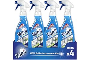 Vetril - Detergente Spray Vetri e Superfici con Ammoniaca, Azione Sgrassante e Brillantezza Senza Aloni, 650 ml x 4