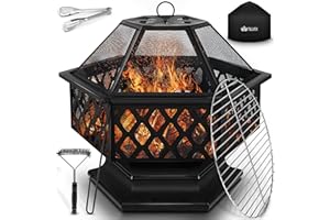 tillvex Feuerschale mit Funkenschutz & Grillrost | Feuerstelle Outdoor für den Garten | 4 in 1 BBQ Grill mit Abdeckung, Schürhaken, Zange & Kohlerost Schwarz (Sechskant)