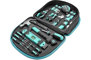 Amazon Basics verktygssats med rund bärväska, 104 delar, turkos, 36,5 x 29 x 7,6cm