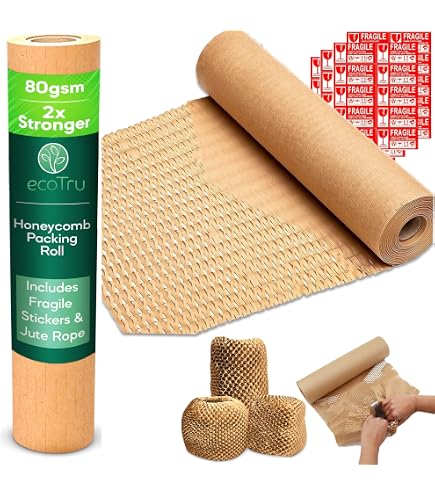 Tera Wabenpapier Verpackungsmaterial Rolle 30 cm x 10 M Verpackungspapier: 80gsm mit 20 Fragile Aufkleber 1,6-fach Luftpolsterfolie-Alternative Dehnbar ECO Recycelbar Packpapier zum Verpacken Umzug