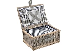 casa.pro Picknickkorb für 4 Personen - Picknick-Set mit Kühltasche inkl. Geschirr, Besteck, Korkenzieher und Gläser (blau-weiß)