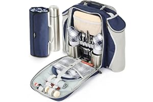 Greenfield Collection 2 Person Deluxe Picnic Set Rucksack With Flask With Matching Picnic Blanket; Picnic Hamper Includes Cutlery Set; Perfect Waterproof Coolbag Backpack for Outdoors - Navy