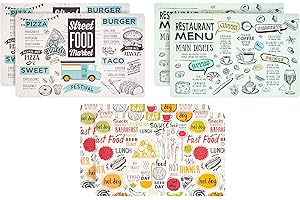 MOORG Set da 6 Tovagliette Americane Vintage in Plastica Lavabili 44x28 cm, Tovaglietta Americana Fantasia in PVC (Street Food)
