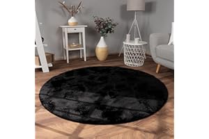 Paco Home Tapis De Salon Fausse Fourrure Peluche Tapis Shaggy Long Lavable, Dimension:80 cm Rond, Couleur:Noir