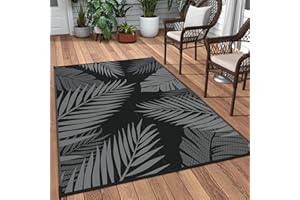 GENIMO Outdoor Rug 3' x 5' Waterproof for Patios Clearance, Reversible Outdoor Plastic Straw Camping Rug Carpet, Large Area Rugs Mats for RV, Camper, Deck, Balcony, Porch, Beach, Picnic, Black&Grey