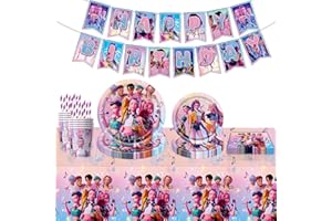 KEVRDRT 62 Pcs Hun-trix Partygeschirr Geburtstagsdeko, Dem0n Hun-ters Geburtstag Geschirr Set, Pappteller Serviette Becher Tischdecke, Kindergeburtstag Party Deko für Anime-Fans (Rosa)
