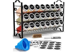 Deco haus® Especieros para Cocina - 24 Botes Especias, Organizador Especias de Condimentos de Metal 3 Niveles - Especiero 24 Tarros de Especias, 48 Etiquetas - Diseño Independiente o para Montar Negro