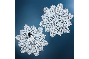 Snowkingdom Snowflake Placemats Set of 6 White Laminated Metallic Vinyl Round 15 inch Diameter Winter Festival Table Decorations for Holiday Christmas Party Feast