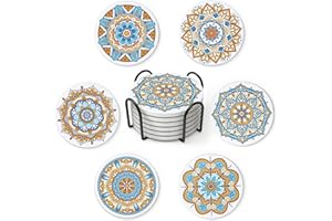 STARUBY Coasters Set of 6 with Holder Ceramics Absorbent Coaster with Cork Base Light Blue and Orange Flower Pattern Non-Slip 10cm Round Coaster for Coffee Beer Mug Home Bar Wine Glass