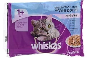 MARS Whiskas - Alimento humedo para gatos, en gelatina (Pescado Blanco, Atún, Salmón, Colin), 52 paquetes x 100g