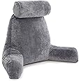 Angju Reading Pillow Dark Grey Backrest with Arms - Adult Reading Pillow Shredded Memory Foam, Ultra-Comfy Removable Microplush Cover & Detachable Neck Roll, Unmatched Support Bed Rest Sit Up Pillow
