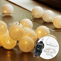 Guirlande Lumineuse Boules Coton CozyHome - 20 LED Blanc Chaud, 6m - Avec Fiche Secteur - Déco Chambre