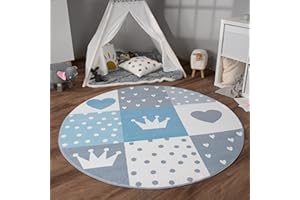 Paco Home Tappeto Bambini Cameretta Bambina Ragezzi Antiscivolo Arcobaleno Cuore Polkadot, Dimensione:Ø 120 cm tondo, Colore:Blu