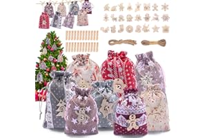 HOVIBU 24 Calendrier de L'Avent a Remplir Soit Meme, DIY Calendrier de L'Avent Tissu avec Pinces en Bois, Corde de Chanvre, Chiffres en Bois, Pochette Calendrier de Jour de Noël Kit