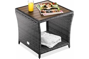 CASARIA® Weatherproof Polyrattan Garden Side Table with Acacia Wood Tabletop | Powder Coated Steel Frame 45x45x40cm 80kg Load Capacity | Indoor Outdoor Balcony Patio Furniture | Grey