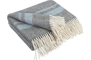 LYHome Ciepły Koc z Wełny Merynosów z Frędzlami i Modny Wzór Paski: Pled na Łóżko, Kanapę, Sofę, do Salonu, Sypialni. Duzy, Miękk (140 cm x 200 cm/Szary z Niebieskim i Białym)