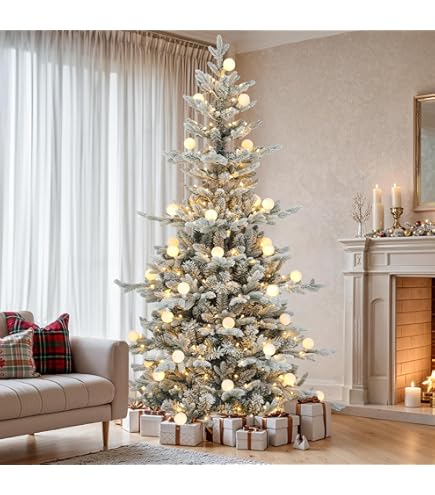 COSTWAY Kerstboom met verlichting, 150 cm, warm witte leds, kunstkerstboom met metalen standaard, smalle kerstboom met sneeuw bedekt, kunstboom voor Kerstmis, groen blauw