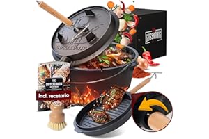 GUSSKÖNIG Olla de Hierro Fundido 9L – Cocotte con Pies para Cocción Lenta – Doble Función: Asado y Guisos – Incluye Levantador de Tapa 2 en 1, Cepillo y Recetario (4-7 Personas)