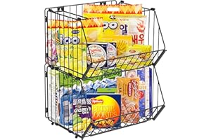 FULEADTURE Stackable Metal Wire Storage Basket, Large Organizer Storage Baskets, Multipurpose Organizer Bins for Organizing Kitchen, Pantry, Freezer, Bathroom and Offices (Black, 2PCS)