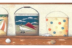 Dundee Deco BD6240 Prepasted Wallpaper Border - Kids White, Brown, Blue, Yellow Sand Buckets Wall Border Retro Design, 15 ft x 7 in (4.57m x 17.78cm)