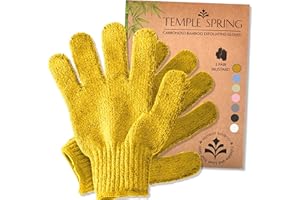TEMPLE SPRING Guantes exfoliantes, manoplas exfoliantes de bambú, exfoliante para baño/ducha, manopla de exfoliación corporal, exfoliantes de belleza/esponja vegetal, removedor de vello encarnado (Mostaza)