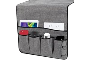 BEENLE-ICEY Sofa Armrest Caddy with 6 Pocket Anti-Slip Couch Organizer Cotton Linen Armchair Loveseat Armrest Storage Bag for Tablet, Phone, Book, Glasses, Magazines, Remote Control Holder