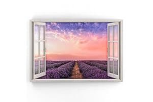 Estika Lienzo con vistas a la ventana Puesta de sol, lavanda 90 x 60 cm 1 mural de pared, imagen sobre lienzo, decoración moderna para salón, dormitorio imágenes de paisaje natural