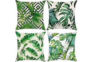 HONGTELLOR Cushion Covers 45 x 45 cm，Set of 4 pillow cover Cotton and Linen Pillow case Cushion Covers for Sofa garden bed couch cushions(Leaf-4)