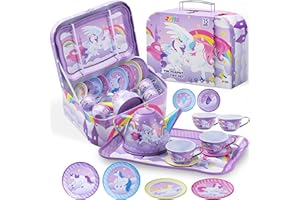 JOYIN Teeparty-Set für Kinder mit Tassen, Tellern und Tragetasche, Küchenspielzeug, lila Einhorn-Teeservice für Kleinkinder, Teeparty-Set, Küchen-Rollenspiel für Kinder ab 3 Jahren