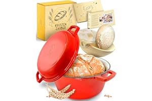 KRUSTENZAUBER Żeliwny garnek do pieczenia chleba [wraz z koszem fermentacyjnym] – wysokiej jakości garnek emaliowany 26 cm – idealny żeliwny garnek do pieczenia, pieczenia chleba, akcesoria do pieczenia chleba