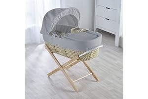Kinder Valley Grey Waffle Palm Moses Basket with Folding Stand Natural, Adjustable Hood, Fibre Mattress & Padded Liner