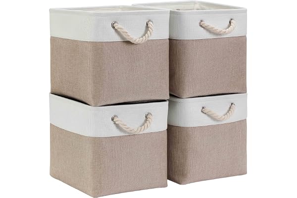 Mangata Cube de Rangement en Tissu, Boîte de Rangement Pliable, Blanc Kaki Clair, 25x25x25cm, 4