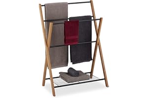 Relaxdays Freestanding Towel Rail, 4 Towel Rails, Bath Shelf, Metal, Bamboo, HWD 87 x 60.5 x 37.5 cm, Black/Natural