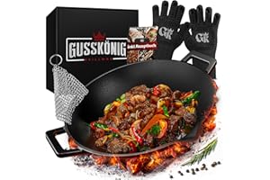 Gusskönig Sartén wok de hierro fundido, 36 cm, resistente, para parrilla de gas, estufa, horno y hoguera, sartén wok de hierro fundido, incluye limpiador de anillos de acero inoxidable, guantes de