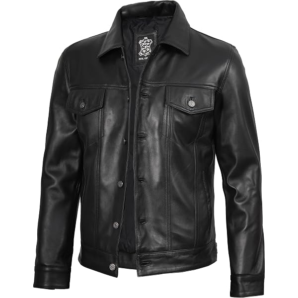 Men's Real Lambskin Leather Jacket - Trucker Style, Shirt Collar, Button Front, Vintage Look