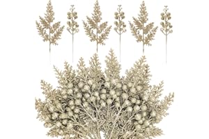 KKSTY 24 Pieces Christmas Tree Decorations - 12pcs Artificial Glitter Berries Stems and 12pcs Glitter Leaves for Christmas Tree Decor Wreath Making Vase Filler DIY Crafts (Champagne)