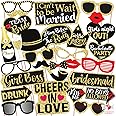 WOBBOX Bachelorette Party Photo Booth Props for Bride & Groom, Bridal Shower Props, Bachelorette Party Decoration, bride to be party decorations items- Golden Glitter & Black