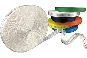 FIP CENTER Sangle polyester au mètre pour petit arrimage et manutention légère - Résistance 3.2 tonnes - largeur 35 mm - 2 filets noirs sur les deux faces- Vendu en rouleau (50 m, Ecru)