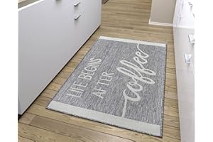 ‎HANSE HOME Hanse Home Life Begins After Coffee Küchenteppich – Küchenläufer Läufer Teppich mit Schriftzug, rutschfest Pflegeleicht Robust, ÖKO-TEX Teppichläufer für Küche, Flur, Esszimmer – Grau Creme, 92x150cm