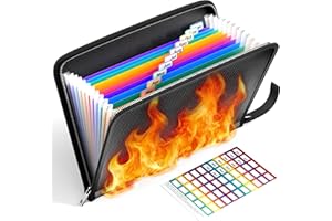 ThinkTex Important Document Organiser, Fireproof & Waterproof, 12 Pockets Zippered Accordion Files, Colorful Tabs